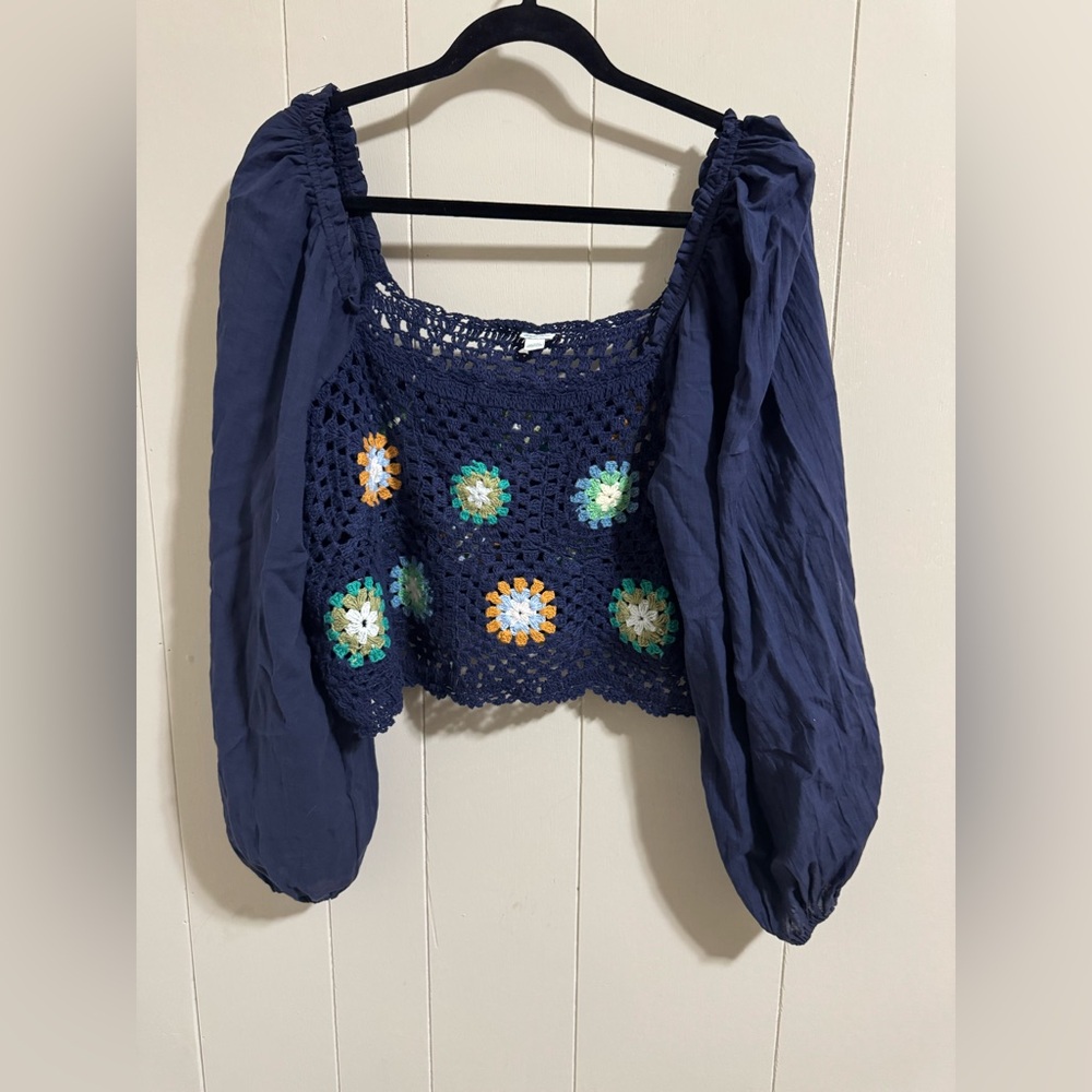 Aerie Navy Blue Crochet Crop Top with Floral Accents XXL 2x 18/20 off shoulder